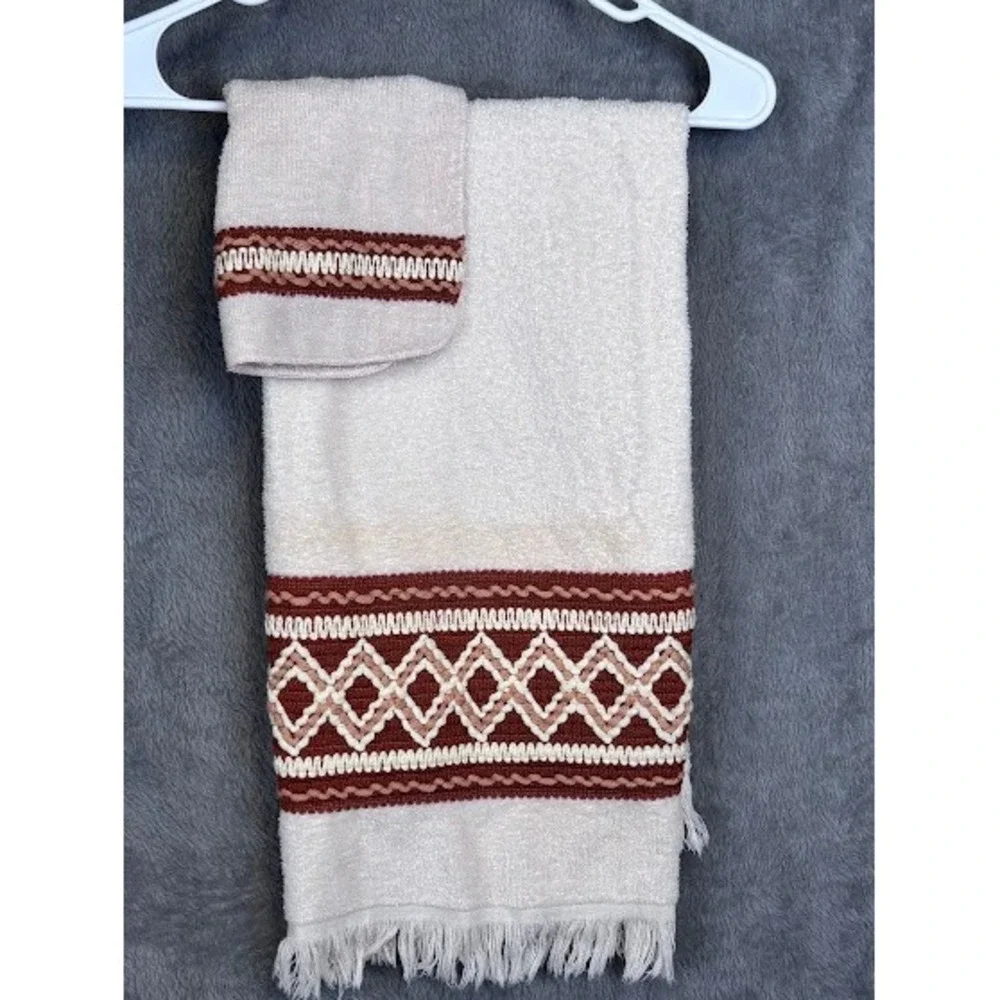 Vintage Cannon Monticello Beige Brown Hand‎ Towel Set Embroidered Trim